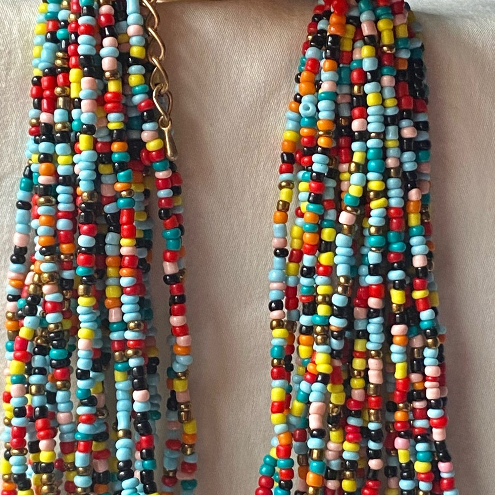 Beautiful Multicolored & Gold 20 Strand Seed Bead Statement Necklace 27”